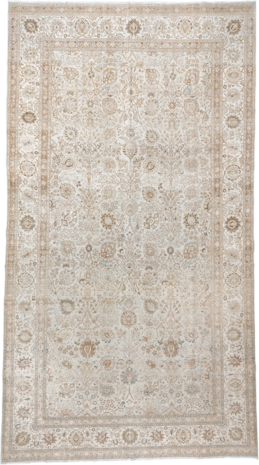 9' x 18' one-of-a-kind handmade antique Tabriz rug. Color palette: ivory, taupe, beige, camel, pale blue, sage, soft gold