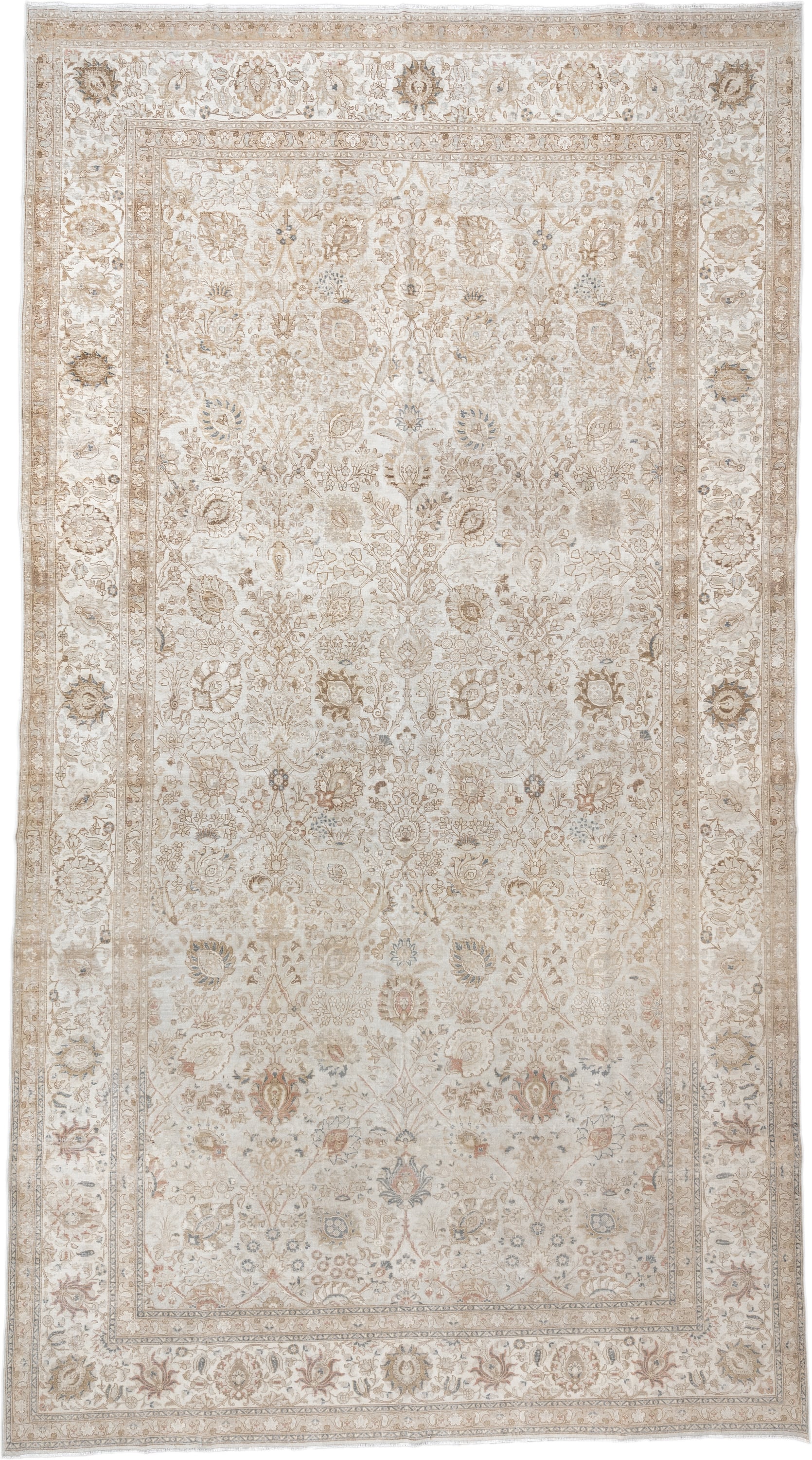 9' x 18' one-of-a-kind handmade antique Tabriz rug. Color palette: ivory, taupe, beige, camel, pale blue, sage, soft gold