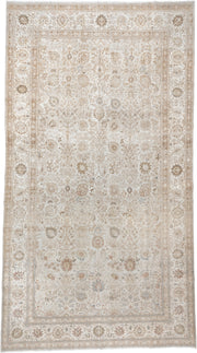 9' x 18' one-of-a-kind handmade antique Tabriz rug. Color palette: ivory, taupe, beige, camel, pale blue, sage, soft gold