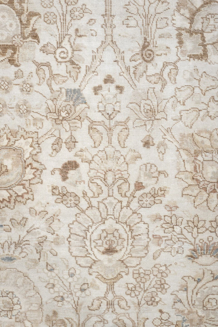 9' x 18' one-of-a-kind handmade antique Tabriz rug. Color palette: ivory, taupe, beige, camel, pale blue, sage, soft gold