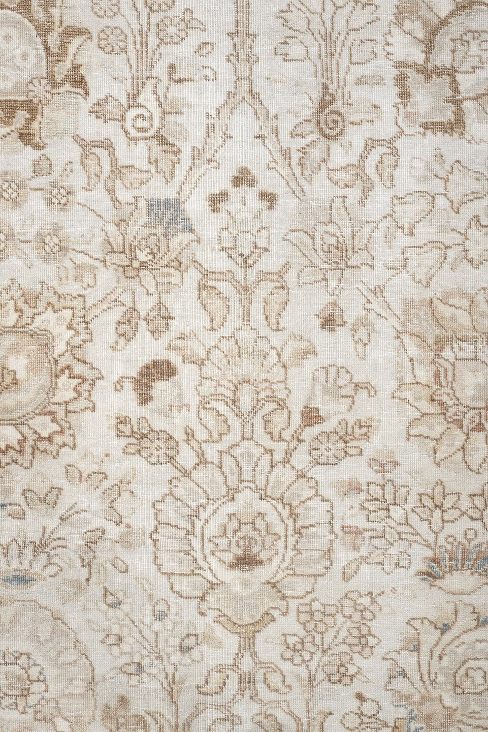 9' x 18' one-of-a-kind handmade antique Tabriz rug. Color palette: ivory, taupe, beige, camel, pale blue, sage, soft gold