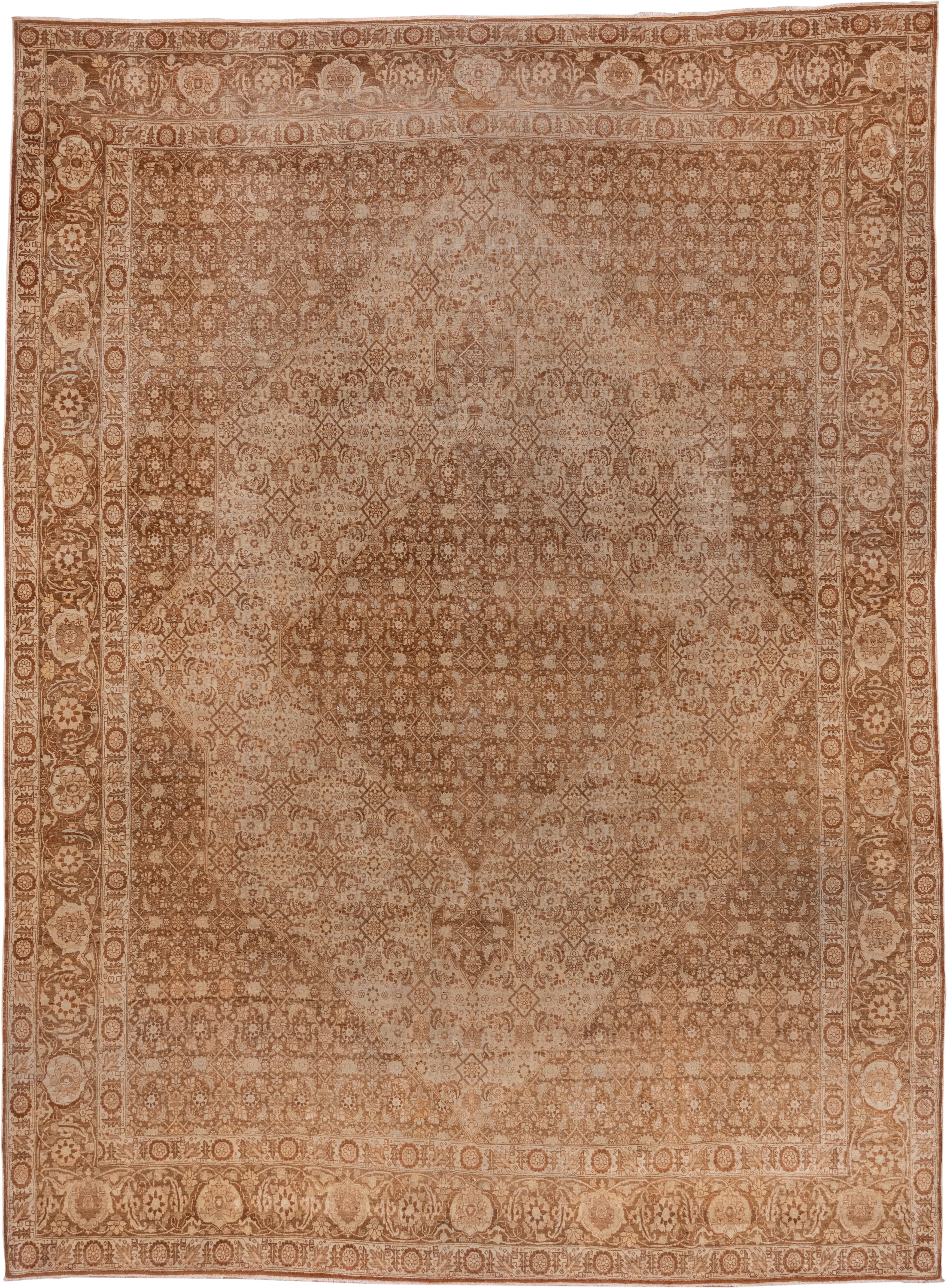 9' x 12' one-of-a-kind handmade antique Tabriz large size rug. Color palette: camel, ivory, taupe, brown, sand, beige, gray