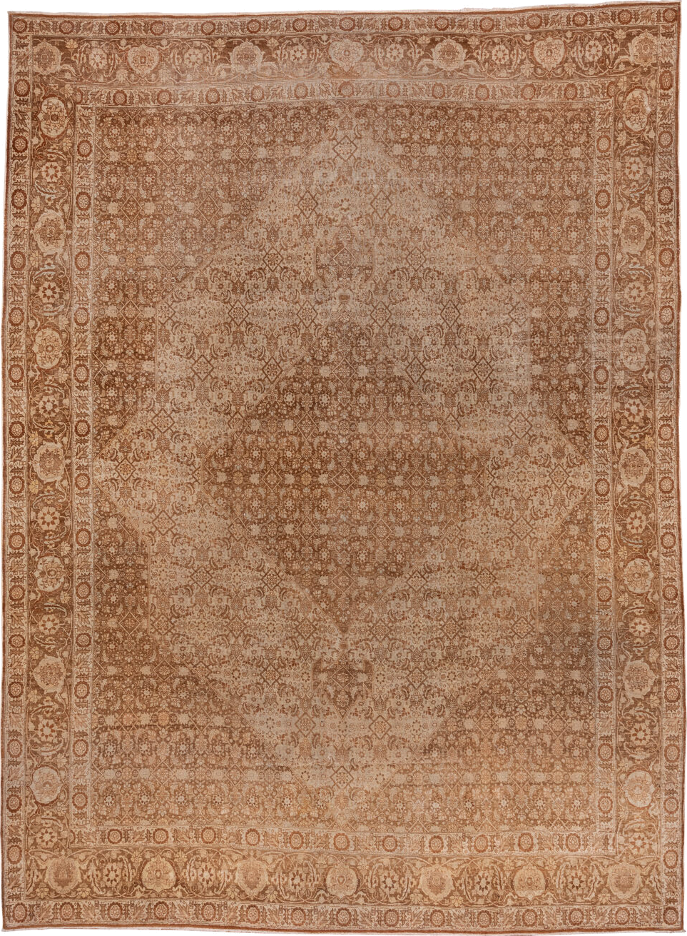 9' x 12' one-of-a-kind handmade antique Tabriz large size rug. Color palette: camel, ivory, taupe, brown, sand, beige, gray