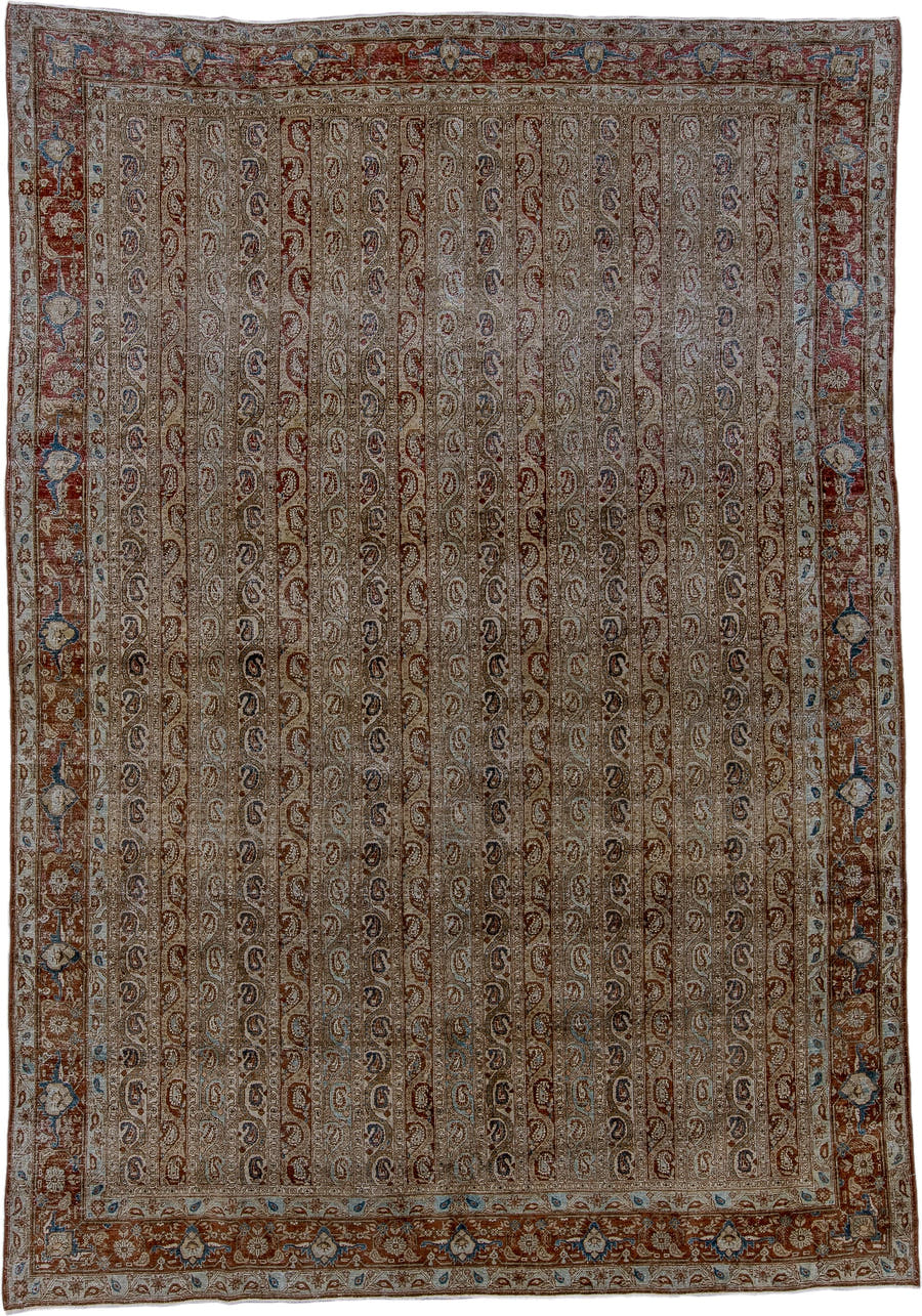 7' x 10' one-of-a-kind handmade antique Qum large size rug. Color palette: ivory, rust, camel, light blue, taupe, brown