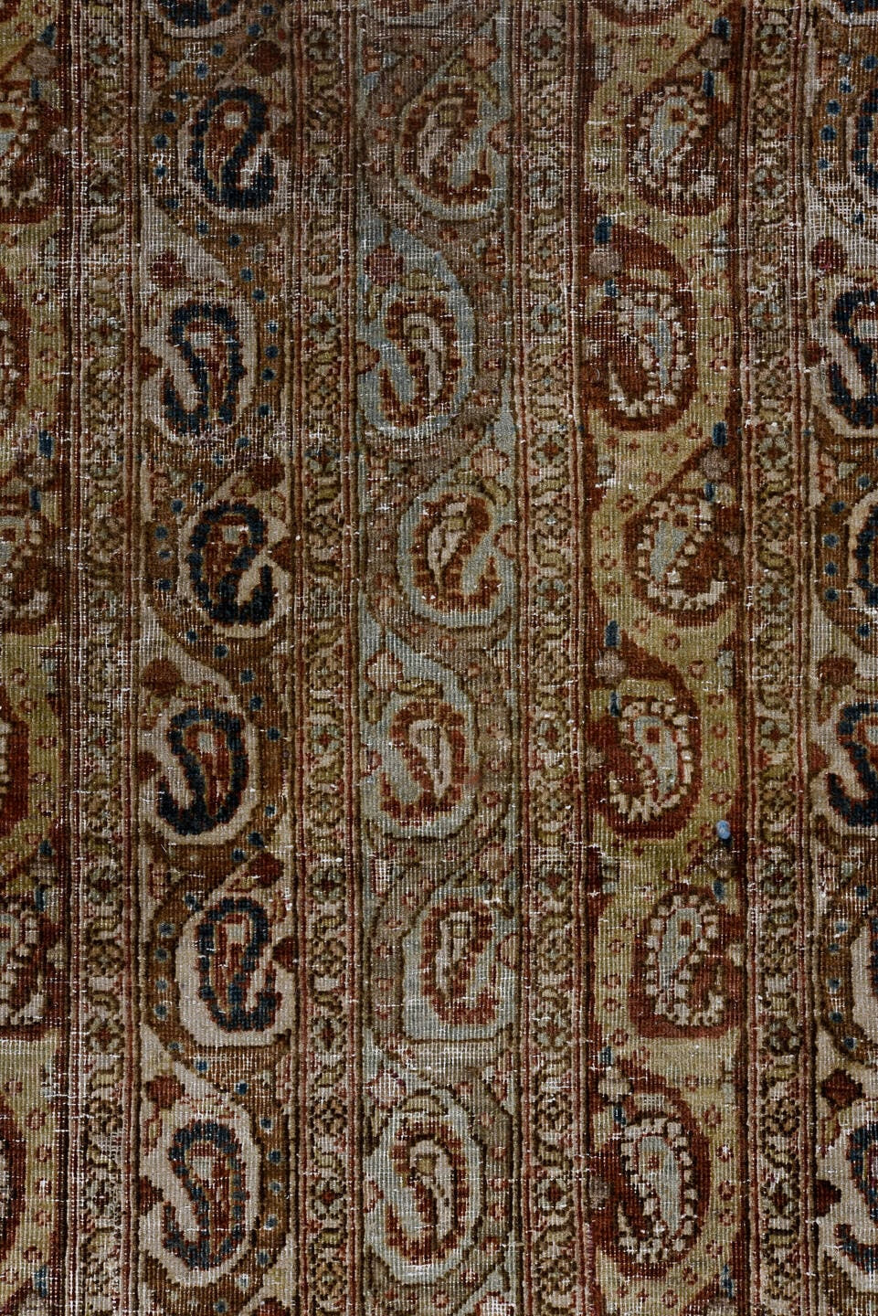 7' x 10' one-of-a-kind handmade antique Qum large size rug. Color palette: ivory, rust, camel, light blue, taupe, brown