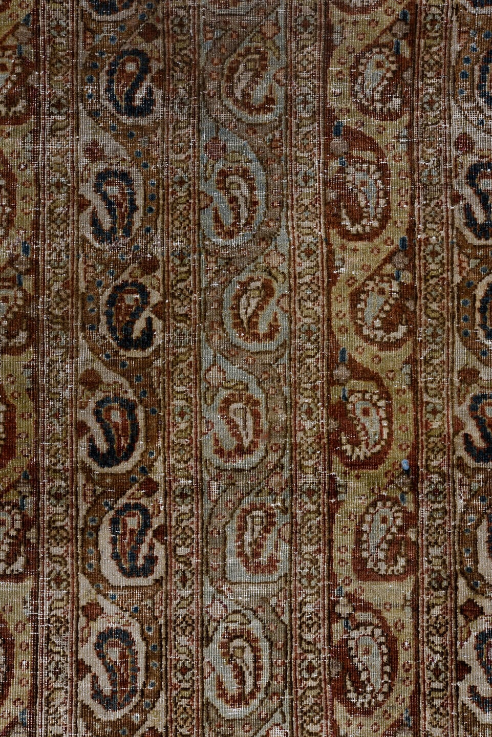 7' x 10' one-of-a-kind handmade antique Qum large size rug. Color palette: ivory, rust, camel, light blue, taupe, brown