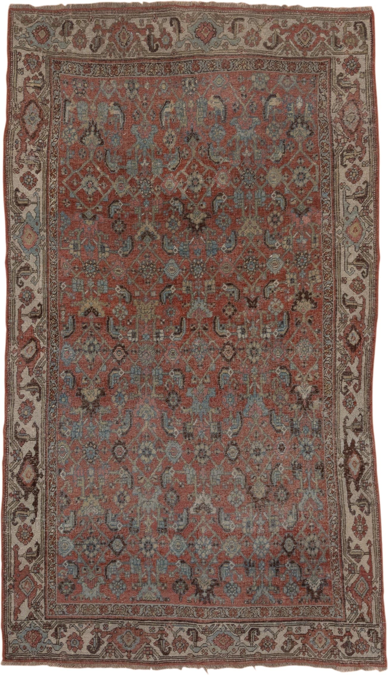4' x 6' one-of-a-kind handmade antique Kurd small size rug. Color palette: rust, ivory, slate, taupe, charcoal, rose, brown