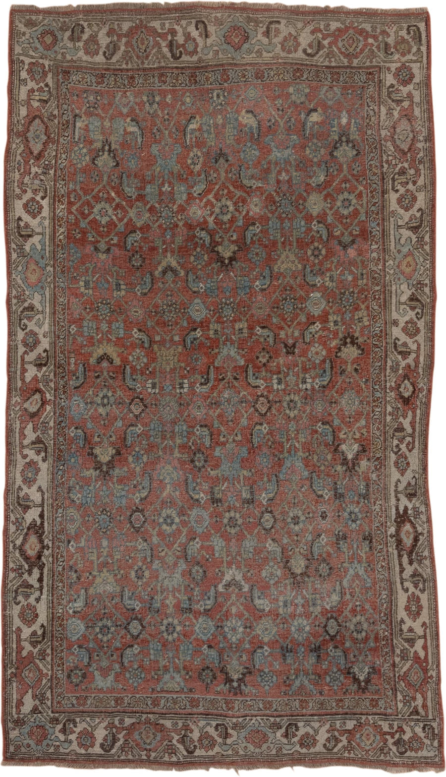 4' x 6' one-of-a-kind handmade antique Kurd small size rug. Color palette: rust, ivory, slate, taupe, charcoal, rose, brown