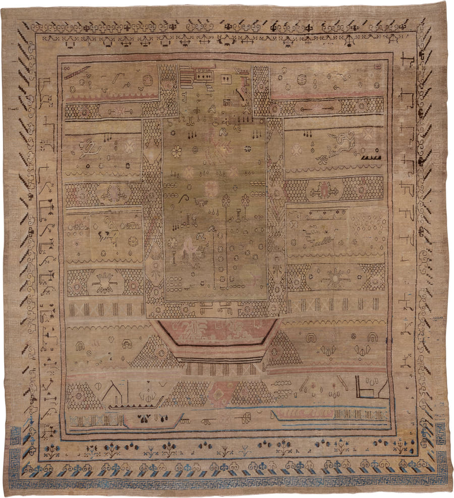 12' x 13' one-of-a-kind handmade antique Khotan oversize rug. Color palette: camel, taupe, brown, rose, ivory, slate, blue