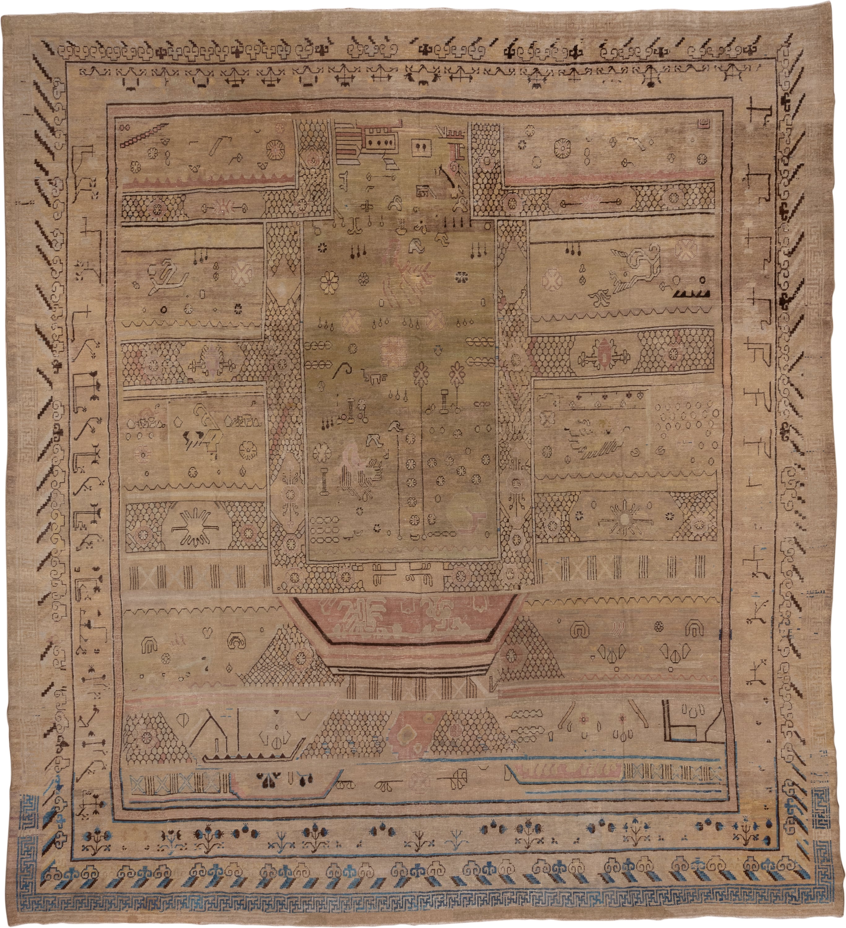 12' x 13' one-of-a-kind handmade antique Khotan oversize rug. Color palette: camel, taupe, brown, rose, ivory, slate, blue