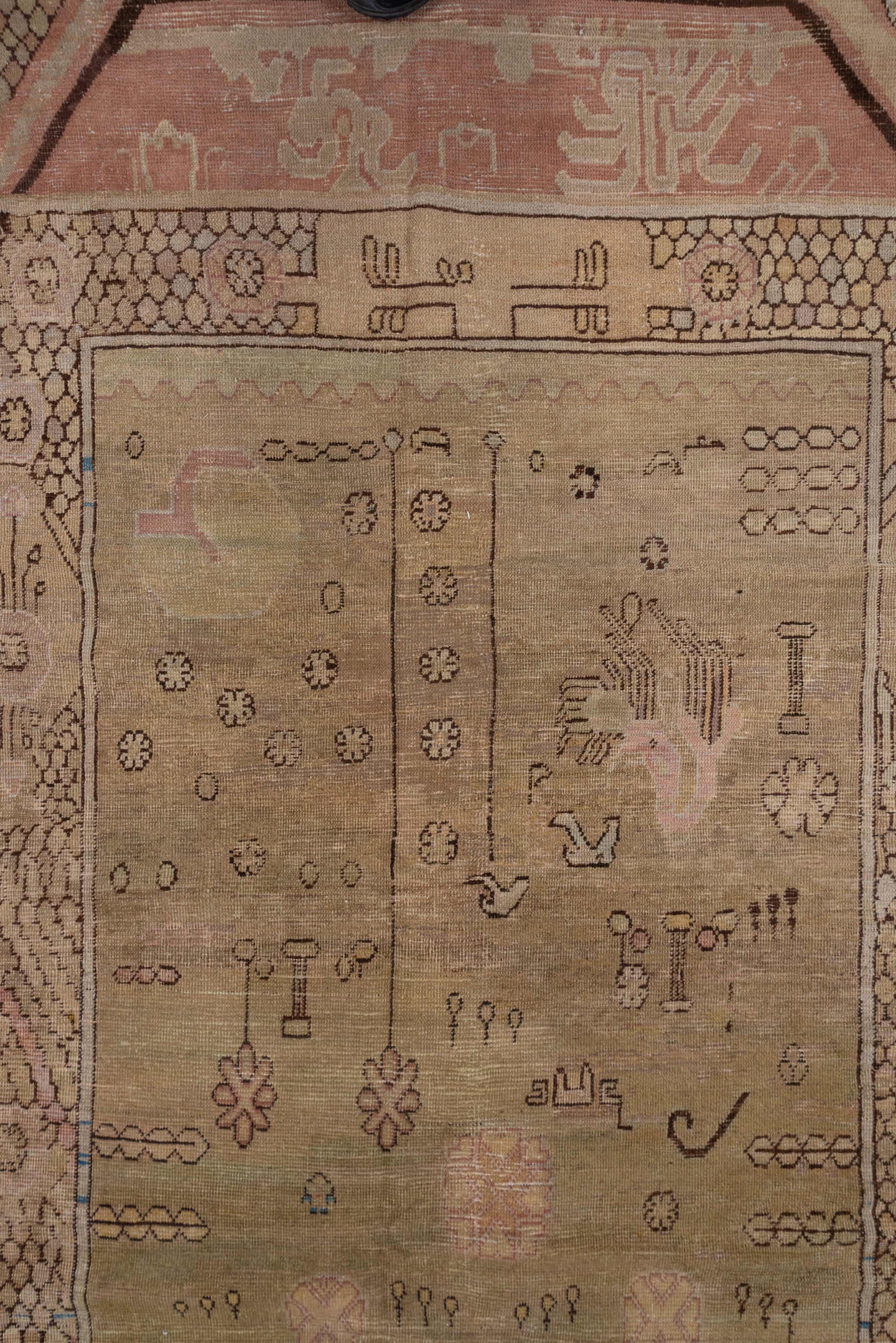 12' x 13' one-of-a-kind handmade antique Khotan oversize rug. Color palette: camel, taupe, brown, rose, ivory, slate, blue