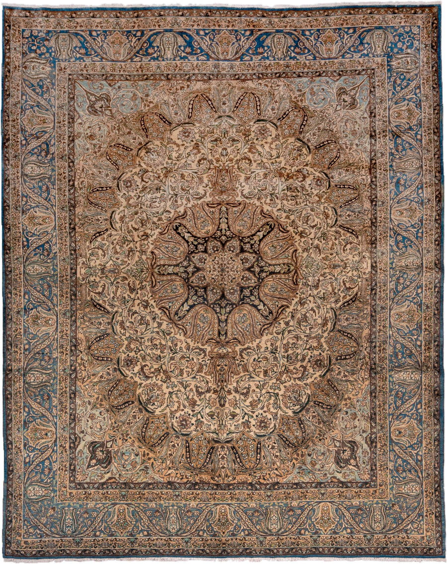 7' x 9' one-of-a-kind handmade vintage Kerman rug. Color palette: ivory, blue, camel, brown, taupe, charcoal, sage, beige