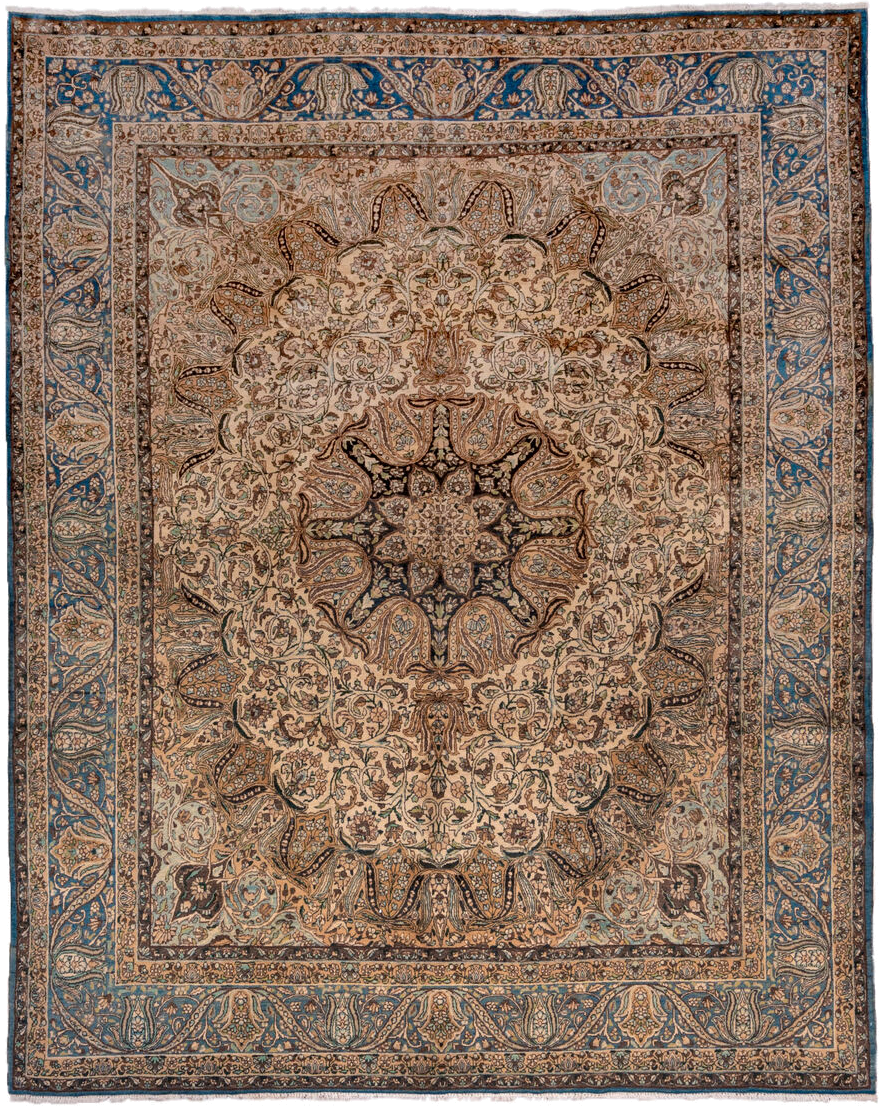 7' x 9' one-of-a-kind handmade vintage Kerman rug. Color palette: ivory, blue, camel, brown, taupe, charcoal, sage, beige
