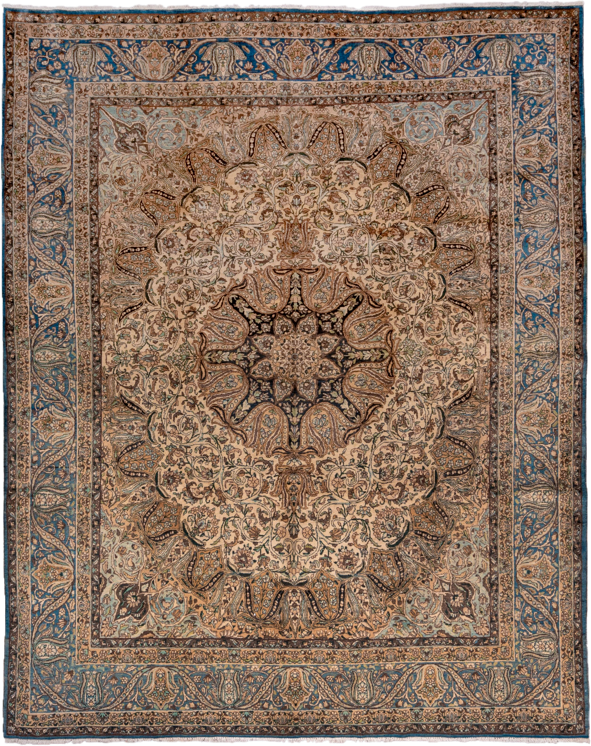 7' x 9' one-of-a-kind handmade vintage Kerman rug. Color palette: ivory, blue, camel, brown, taupe, charcoal, sage, beige