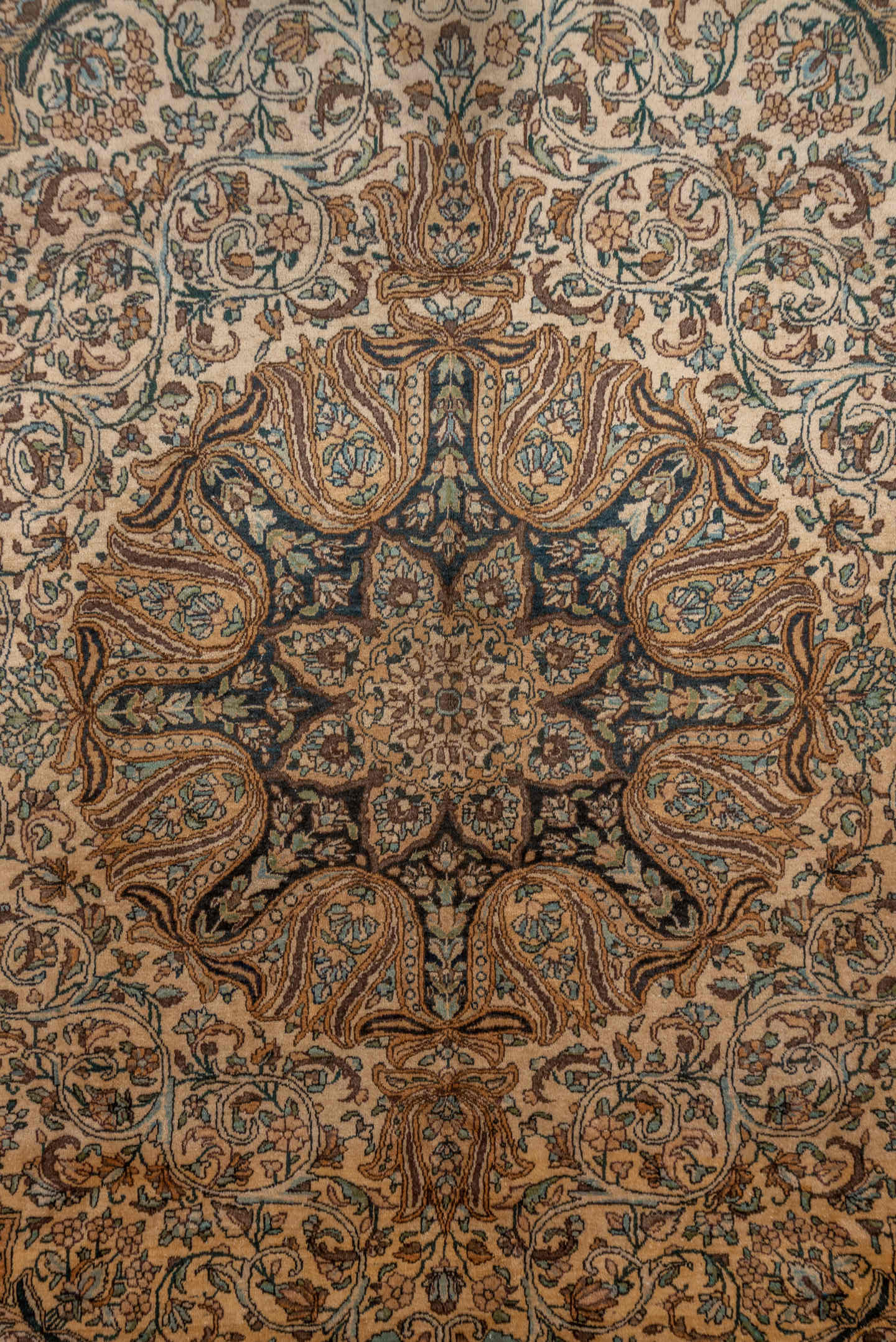 7' x 9' one-of-a-kind handmade vintage Kerman rug. Color palette: ivory, blue, camel, brown, taupe, charcoal, sage, beige
