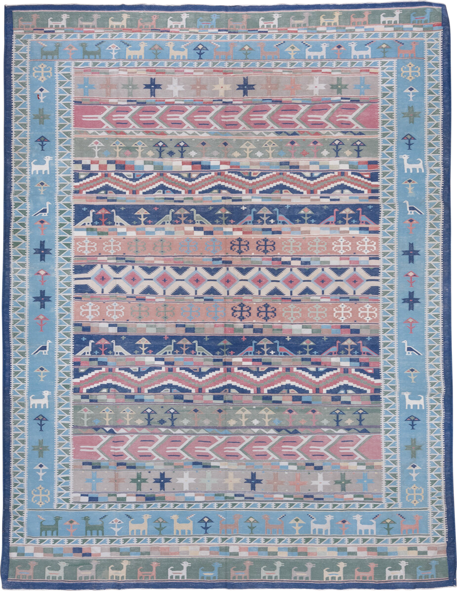 9' x 11' one-of-a-kind handmade antique Dhurrie large size rug. Color palette: sky blue, blush, navy, ivory, sage