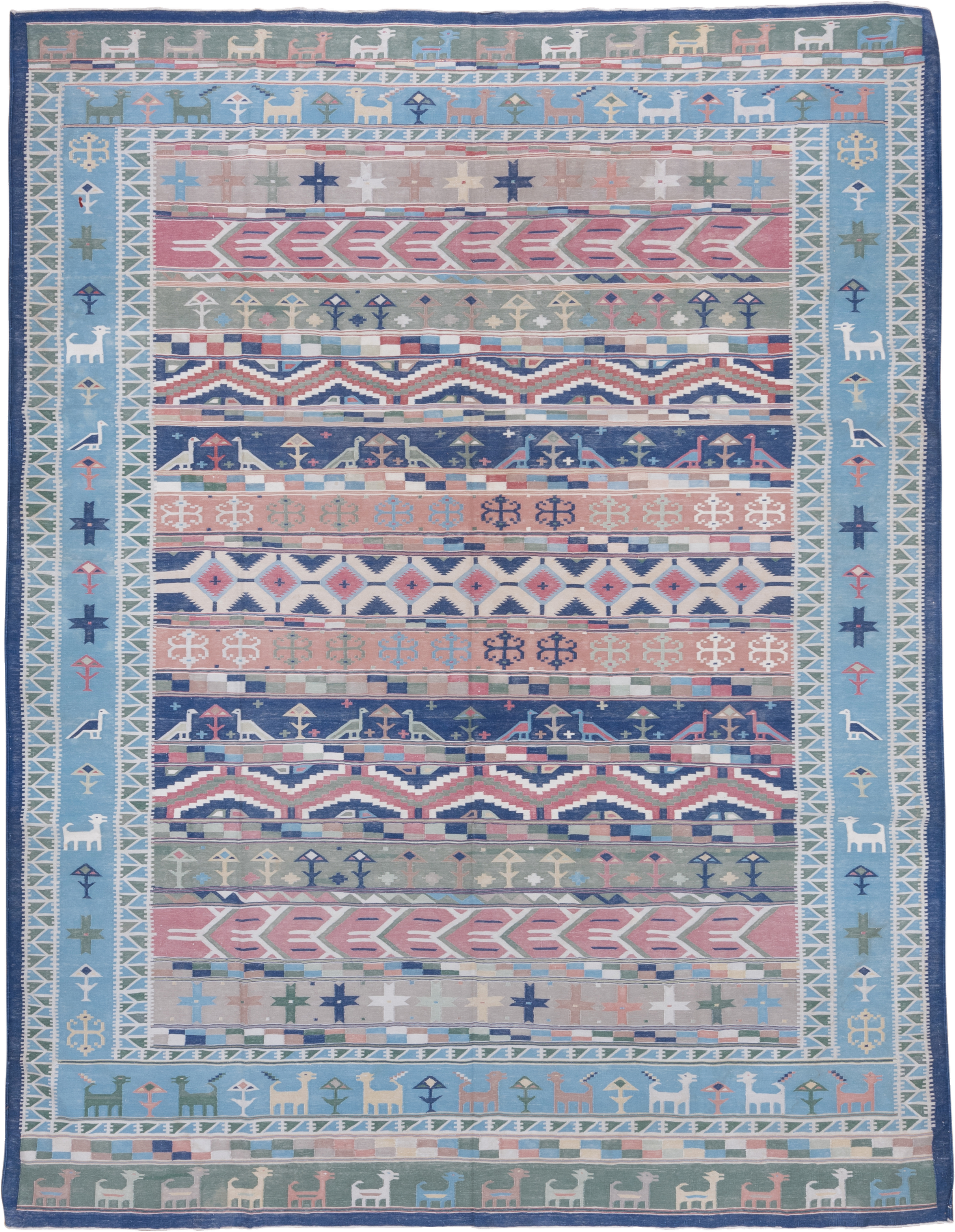 9' x 11' one-of-a-kind handmade antique Dhurrie large size rug. Color palette: sky blue, blush, navy, ivory, sage