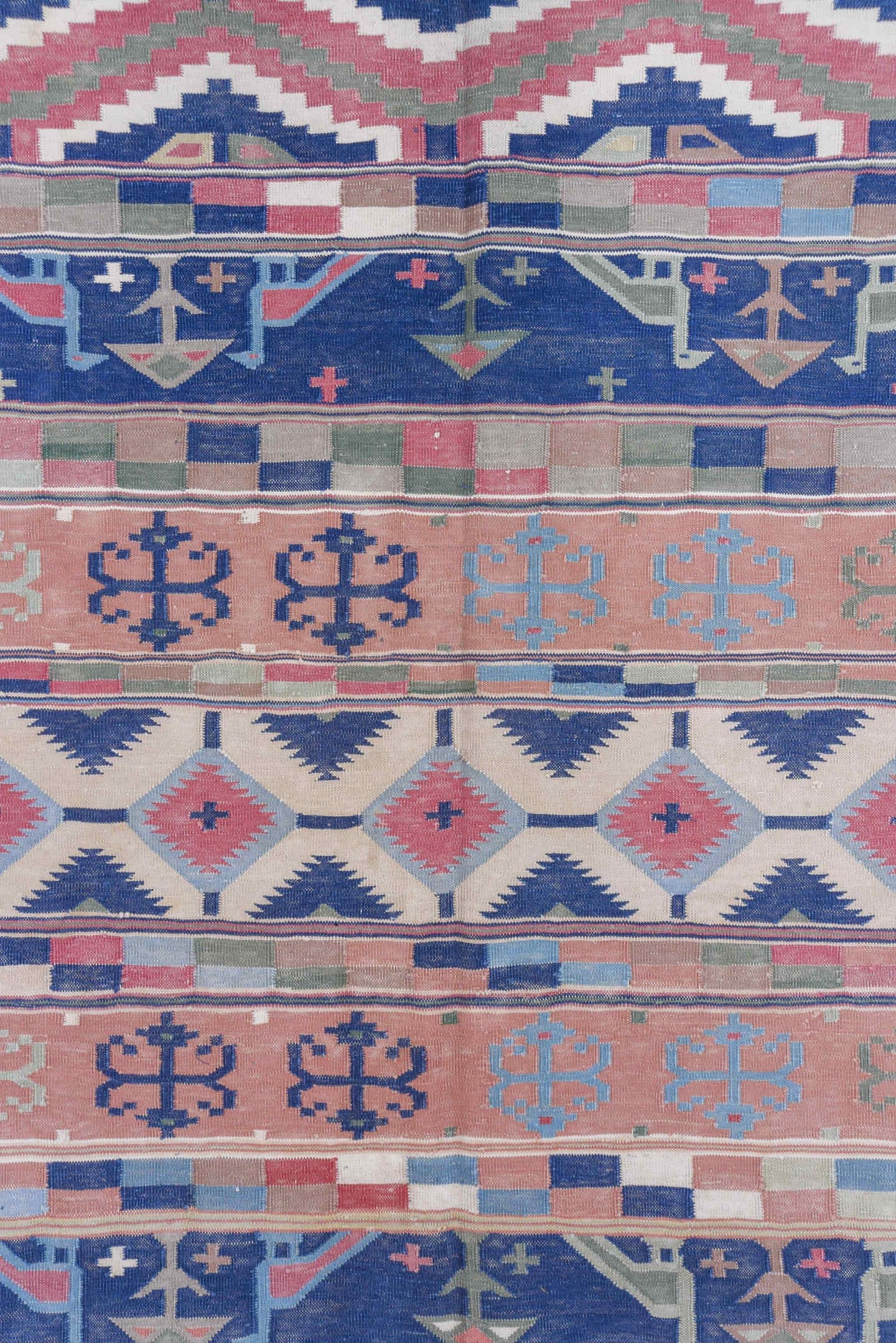 9' x 11' one-of-a-kind handmade antique Dhurrie large size rug. Color palette: sky blue, blush, navy, ivory, sage