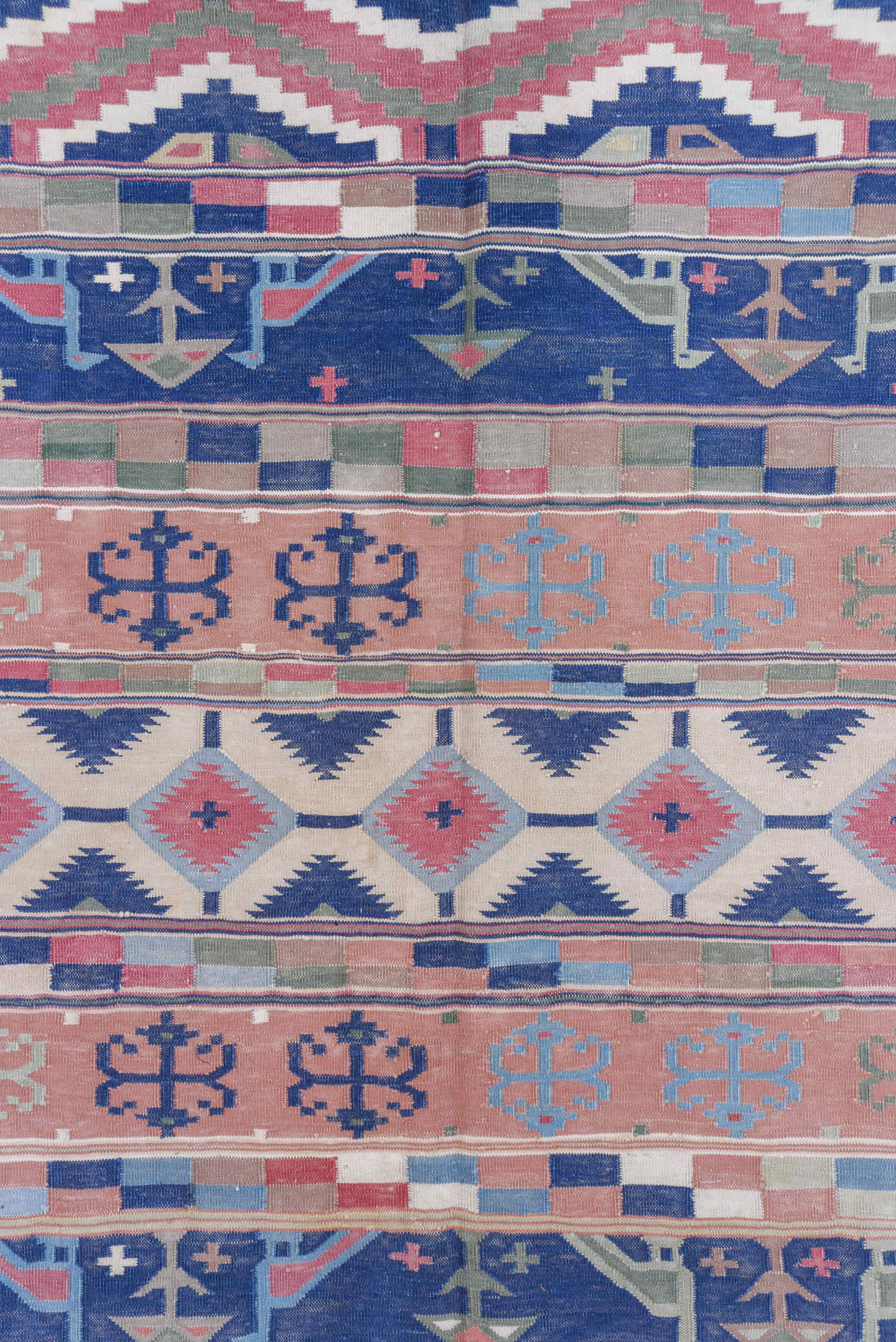 9' x 11' one-of-a-kind handmade antique Dhurrie large size rug. Color palette: sky blue, blush, navy, ivory, sage