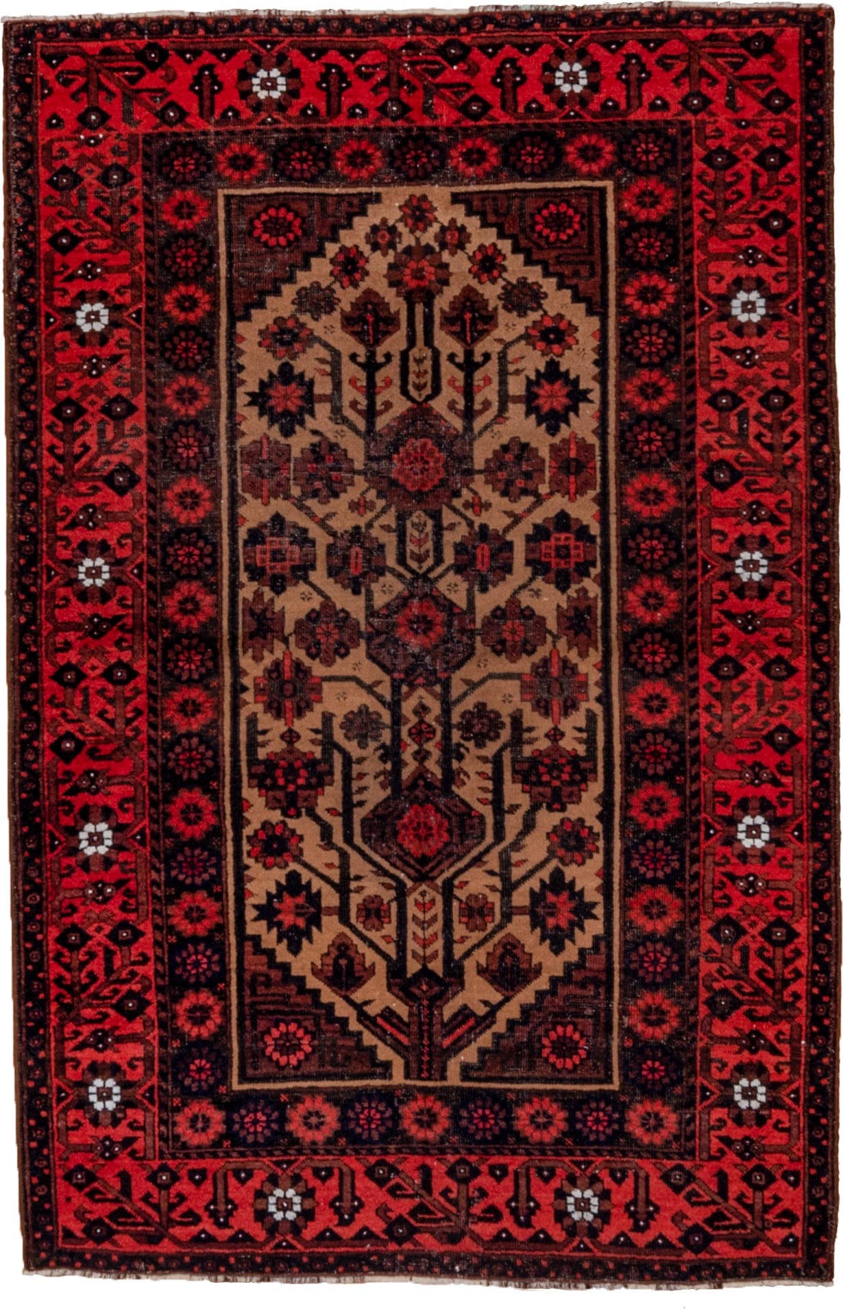3' x 5' one-of-a-kind handmade antique Belouch small size rug. Color palette: crimson, ivory, navy, charcoal, rust, brown
