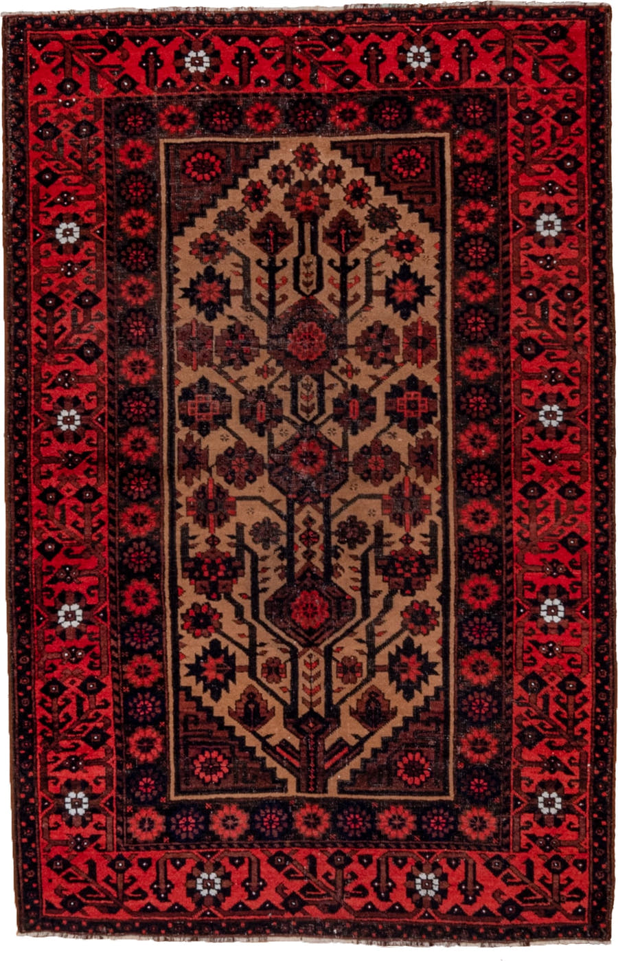 3' x 5' one-of-a-kind handmade antique Belouch small size rug. Color palette: crimson, ivory, navy, charcoal, rust, brown