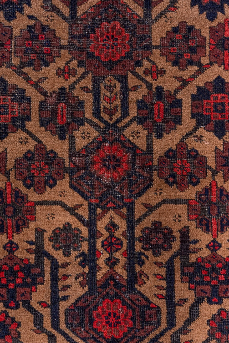 3' x 5' one-of-a-kind handmade antique Belouch small size rug. Color palette: crimson, ivory, navy, charcoal, rust, brown