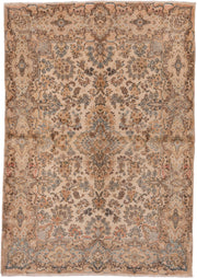 6' x 8' one-of-a-kind handmade antique Kerman medium size rug. Color palette: ivory, camel, sky blue, taupe, brown, blush
