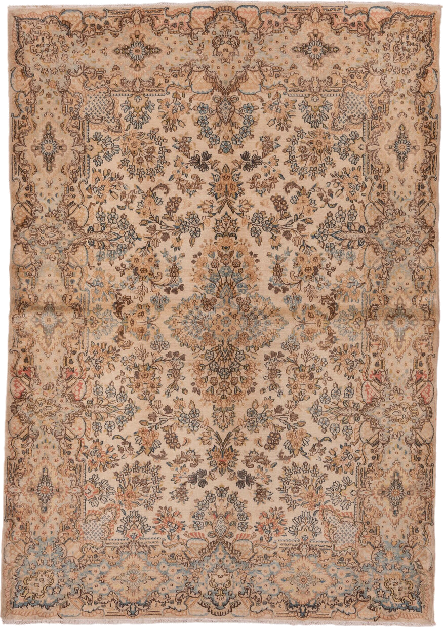6' x 8' one-of-a-kind handmade antique Kerman medium size rug. Color palette: ivory, camel, sky blue, taupe, brown, blush