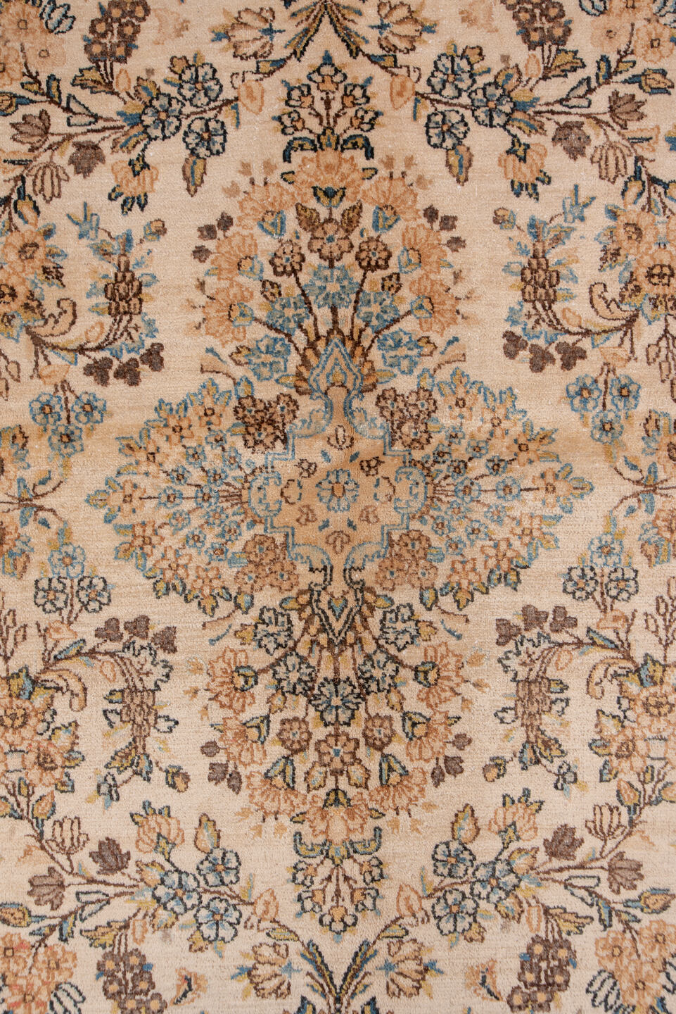 6' x 8' one-of-a-kind handmade antique Kerman medium size rug. Color palette: ivory, camel, sky blue, taupe, brown, blush
