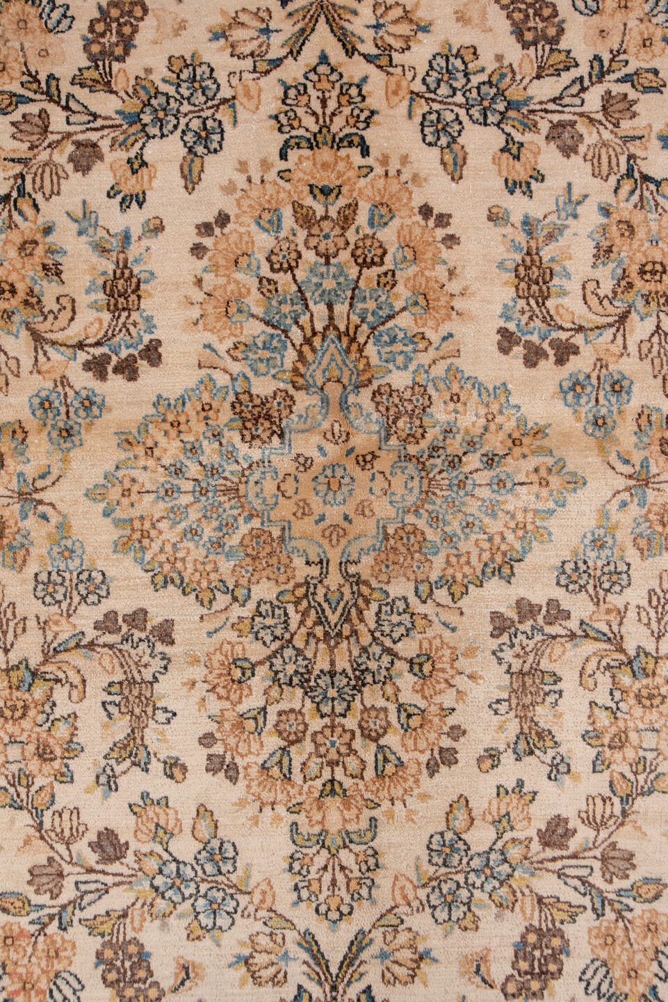 6' x 8' one-of-a-kind handmade antique Kerman medium size rug. Color palette: ivory, camel, sky blue, taupe, brown, blush