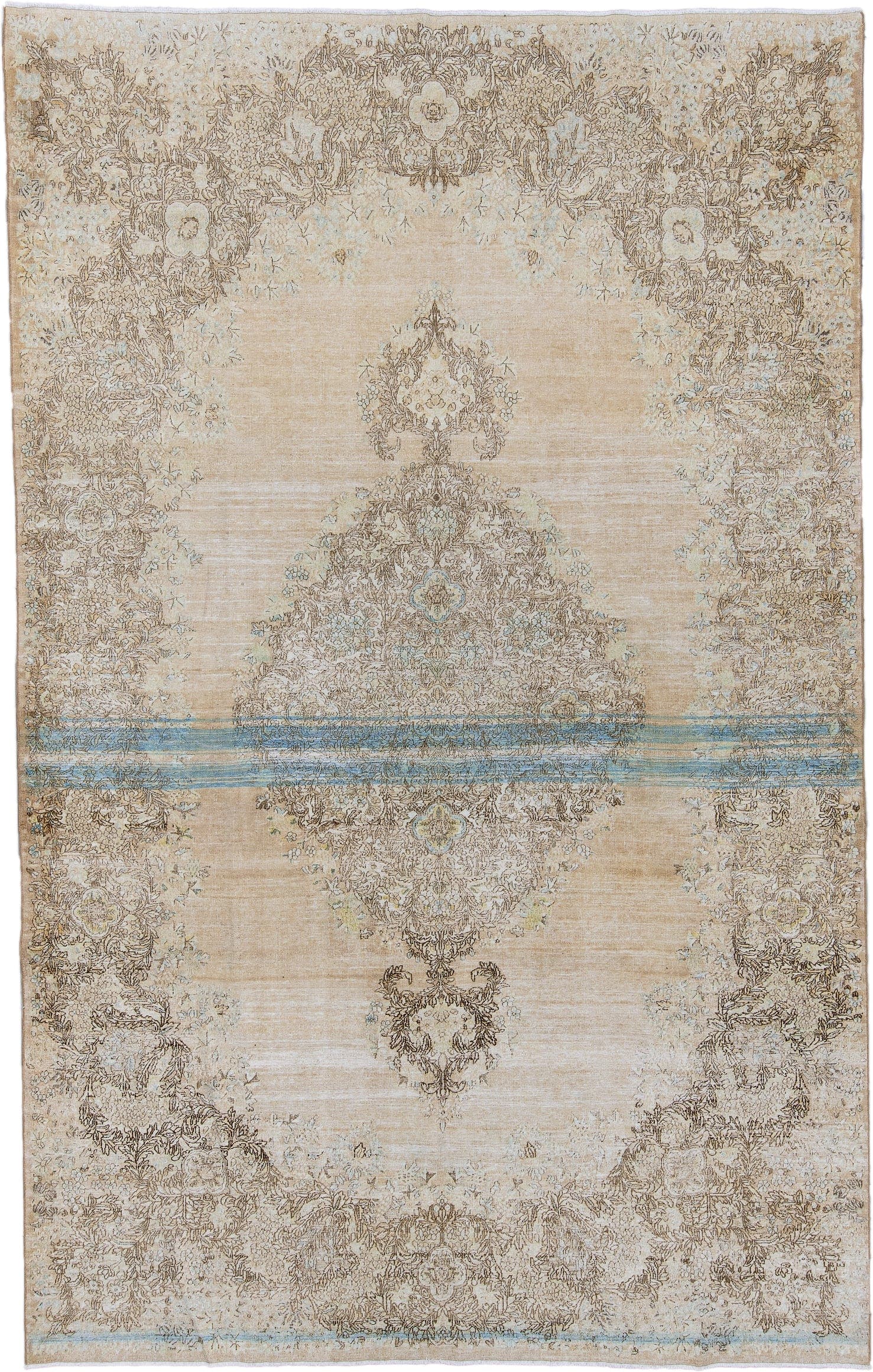 6' x 10' one-of-a-kind handmade antique Kerman large size rug. Color palette: ivory, beige, taupe, sky blue, camel, cream