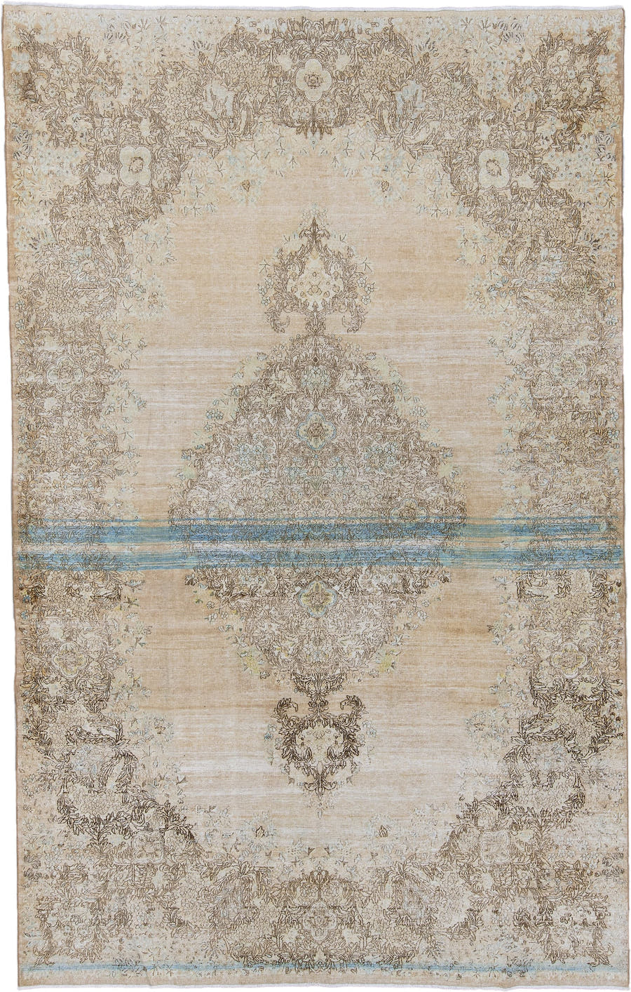 6' x 10' one-of-a-kind handmade antique Kerman large size rug. Color palette: ivory, beige, taupe, sky blue, camel, cream
