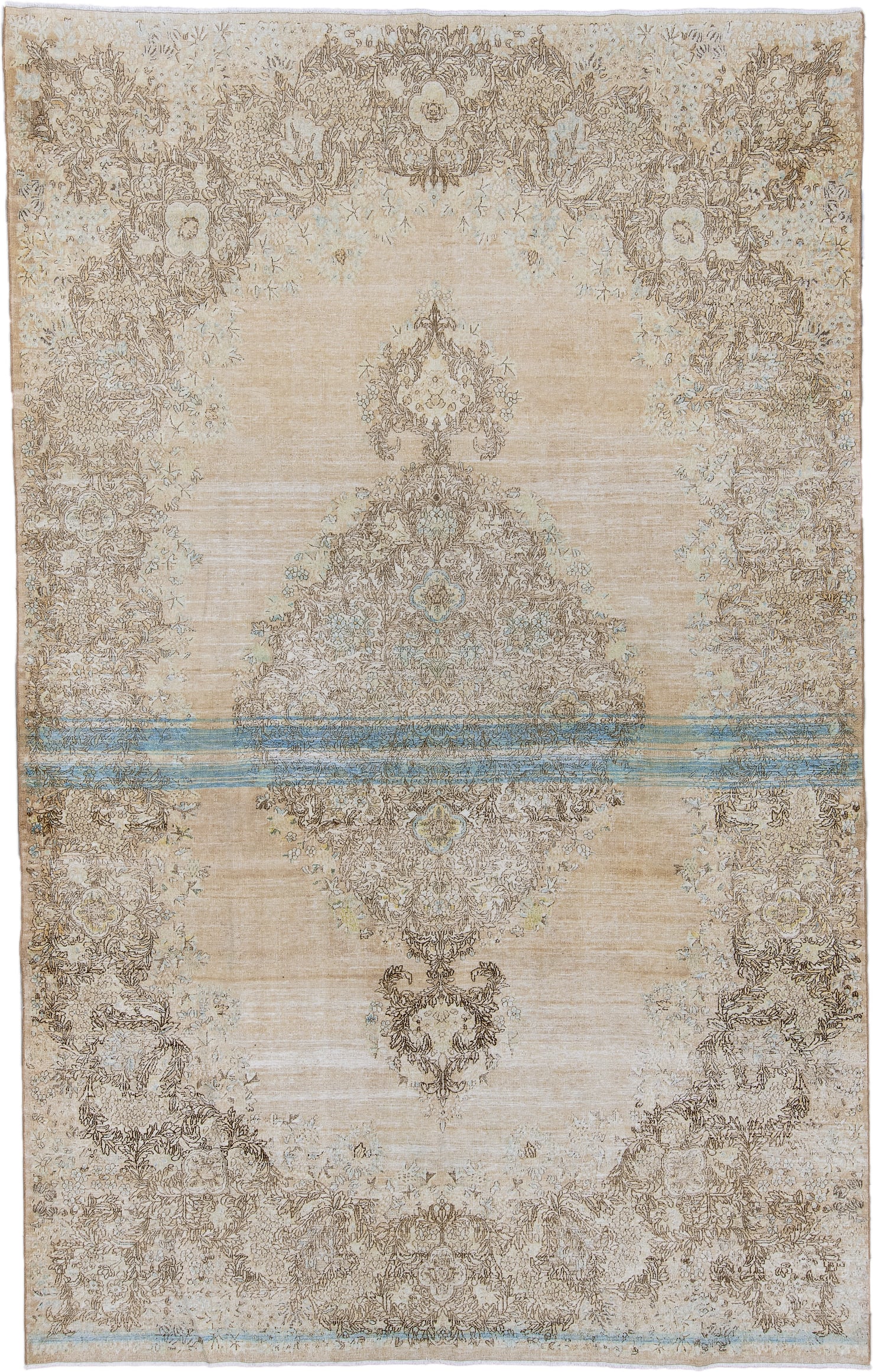 6' x 10' one-of-a-kind handmade antique Kerman large size rug. Color palette: ivory, beige, taupe, sky blue, camel, cream