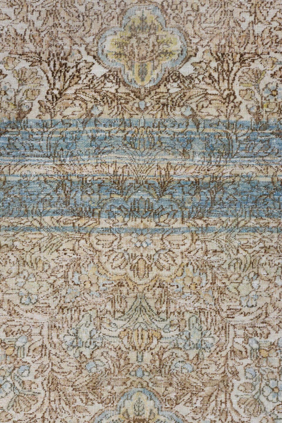 6' x 10' one-of-a-kind handmade antique Kerman large size rug. Color palette: ivory, beige, taupe, sky blue, camel, cream