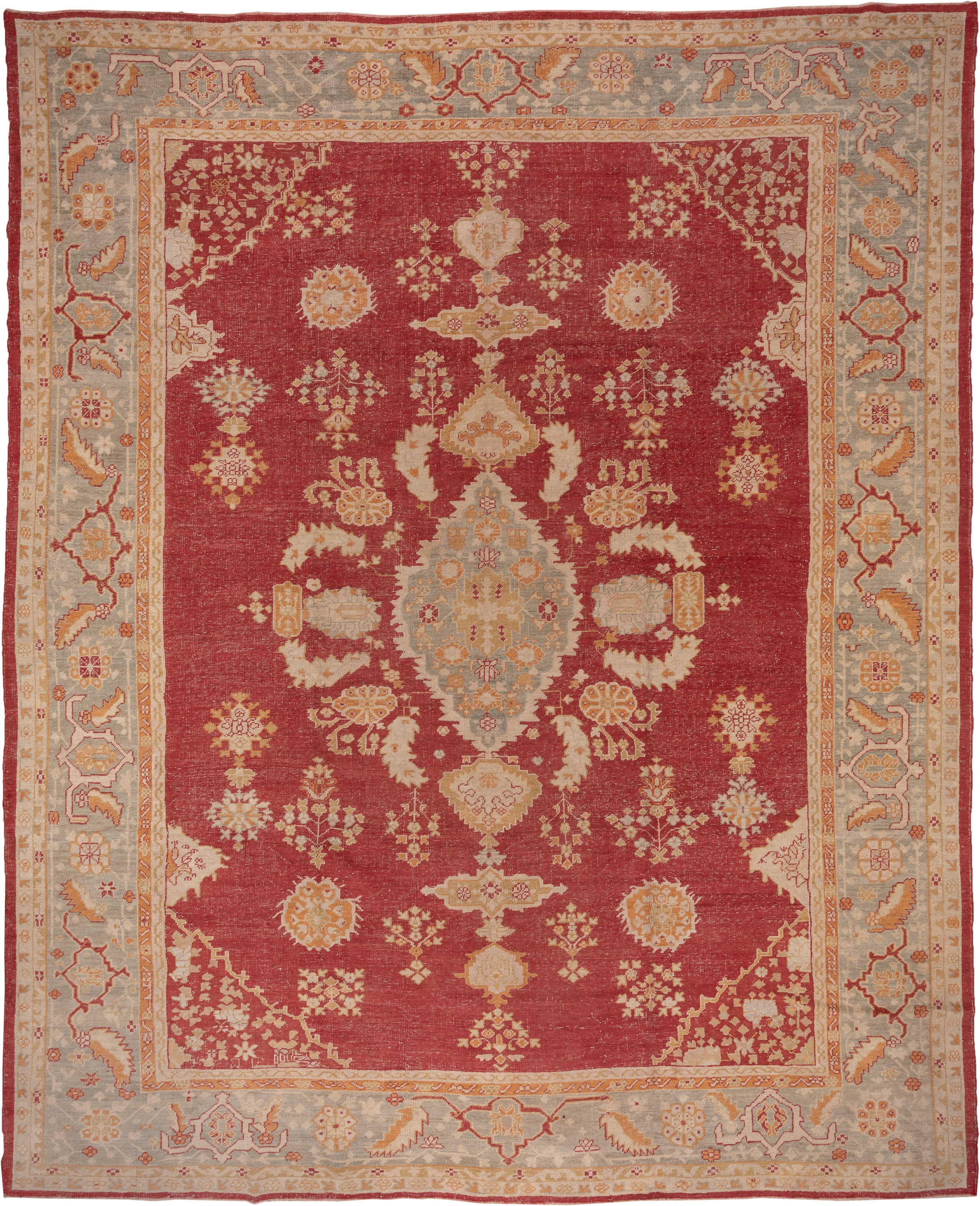 12' x 15' one-of-a-kind handmade antique Oushak oversize rug. Color palette: terracotta, pale blue, ivory, camel, rust, gold