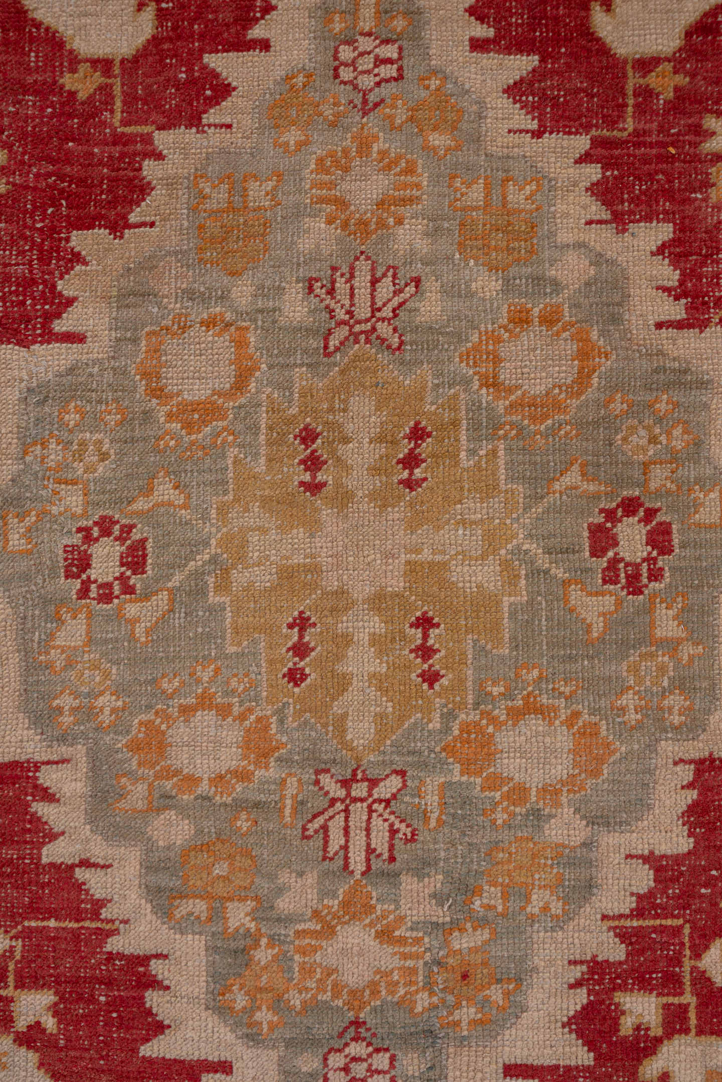 12' x 15' one-of-a-kind handmade antique Oushak oversize rug. Color palette: terracotta, pale blue, ivory, camel, rust, gold
