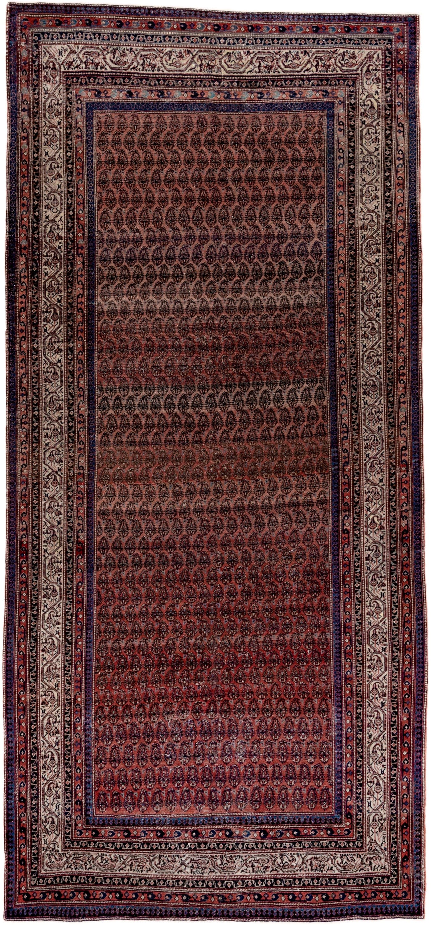 5' x 12' one-of-a-kind handmade antique Saraband rug. Color palette: rust, ivory, navy, burgundy, slate, rose, charcoal