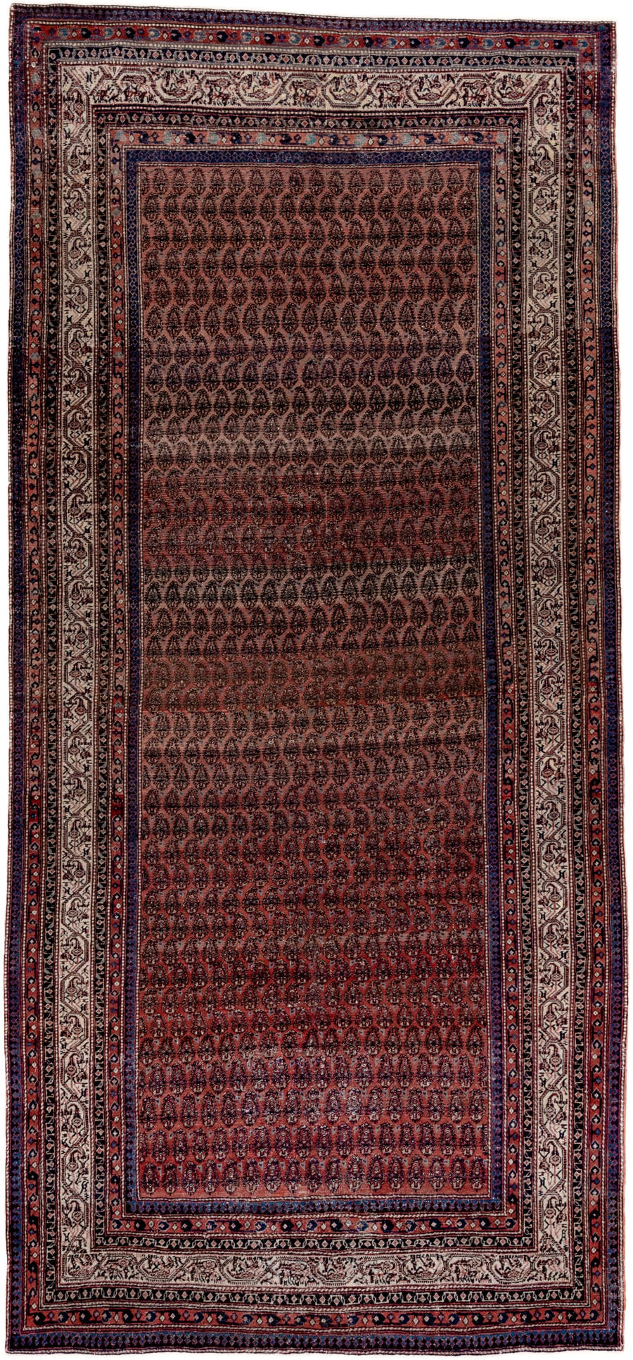 5' x 12' one-of-a-kind handmade antique Saraband rug. Color palette: rust, ivory, navy, burgundy, slate, rose, charcoal