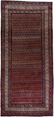 5' x 12' one-of-a-kind handmade antique Saraband rug. Color palette: rust, ivory, navy, burgundy, slate, rose, charcoal