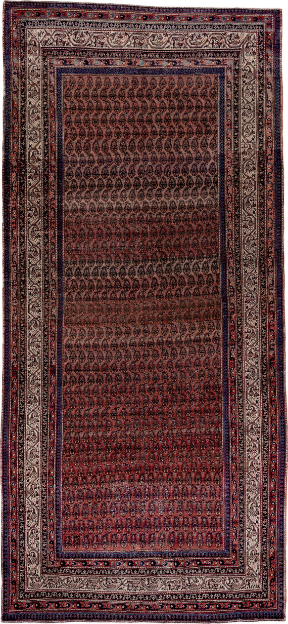 5' x 12' one-of-a-kind handmade antique Saraband rug. Color palette: rust, ivory, navy, burgundy, slate, rose, charcoal