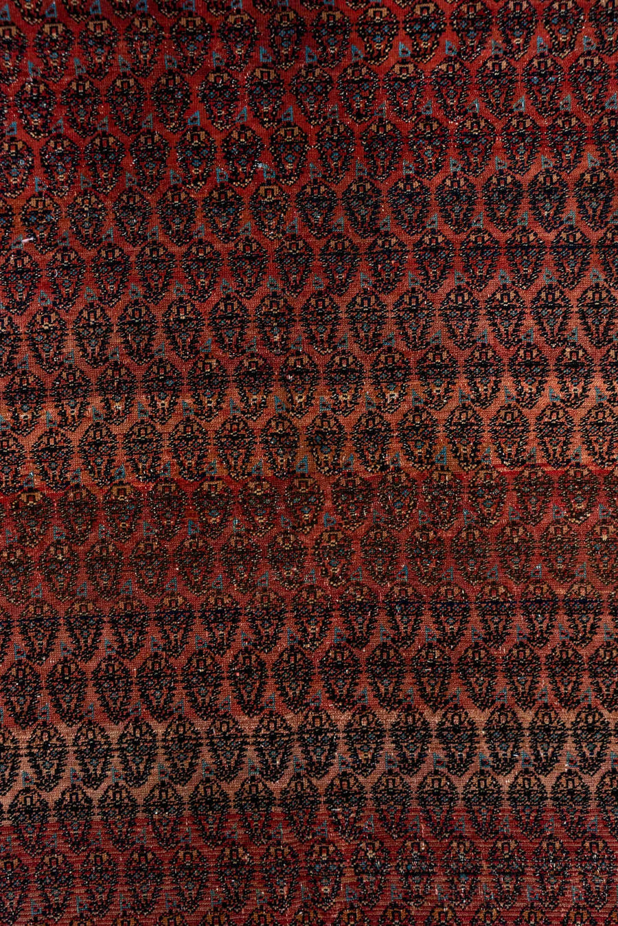5' x 12' one-of-a-kind handmade antique Saraband rug. Color palette: rust, ivory, navy, burgundy, slate, rose, charcoal