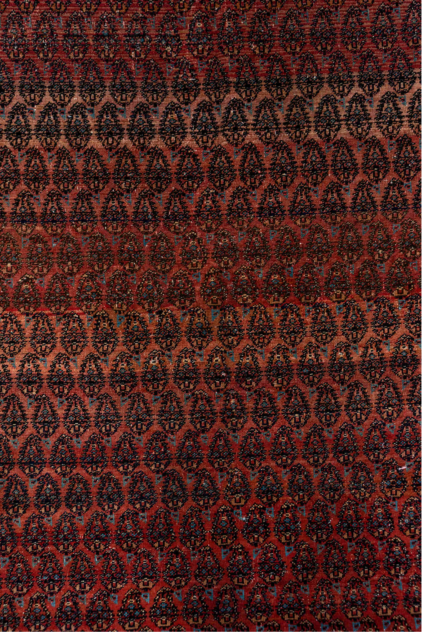 5' x 12' one-of-a-kind handmade antique Saraband rug. Color palette: rust, ivory, navy, burgundy, slate, rose, charcoal