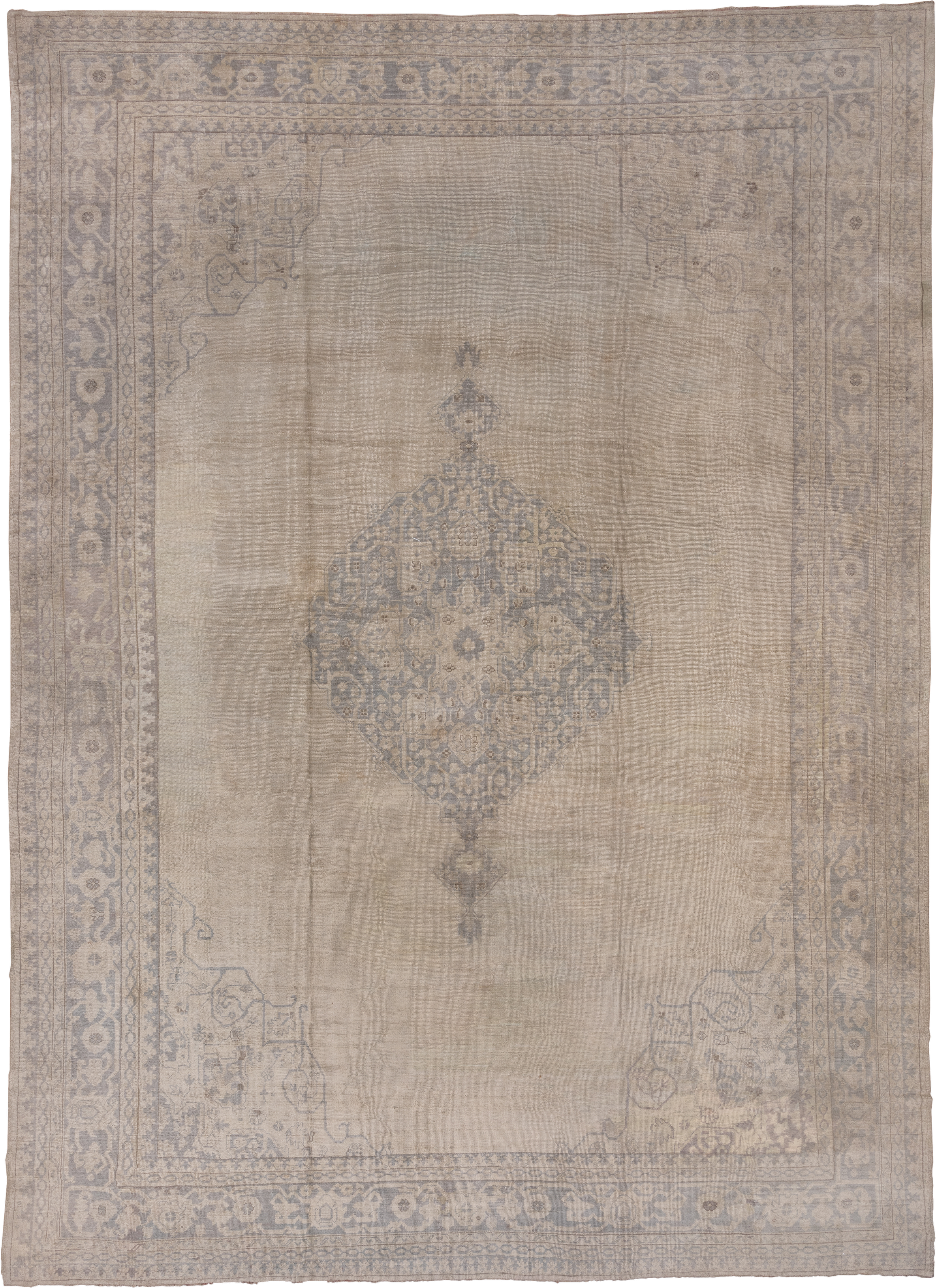 14' x 19' one-of-a-kind handmade antique Oushak oversize rug. Color palette: ivory, beige, taupe, slate, gray, cream