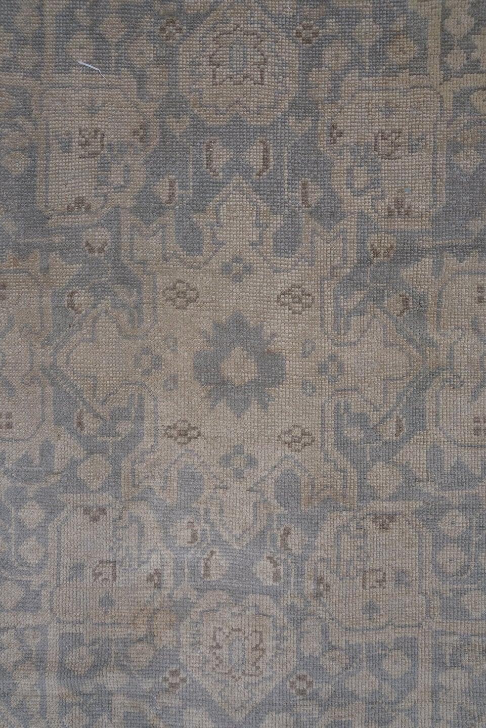 14' x 19' one-of-a-kind handmade antique Oushak oversize rug. Color palette: ivory, beige, taupe, slate, gray, cream