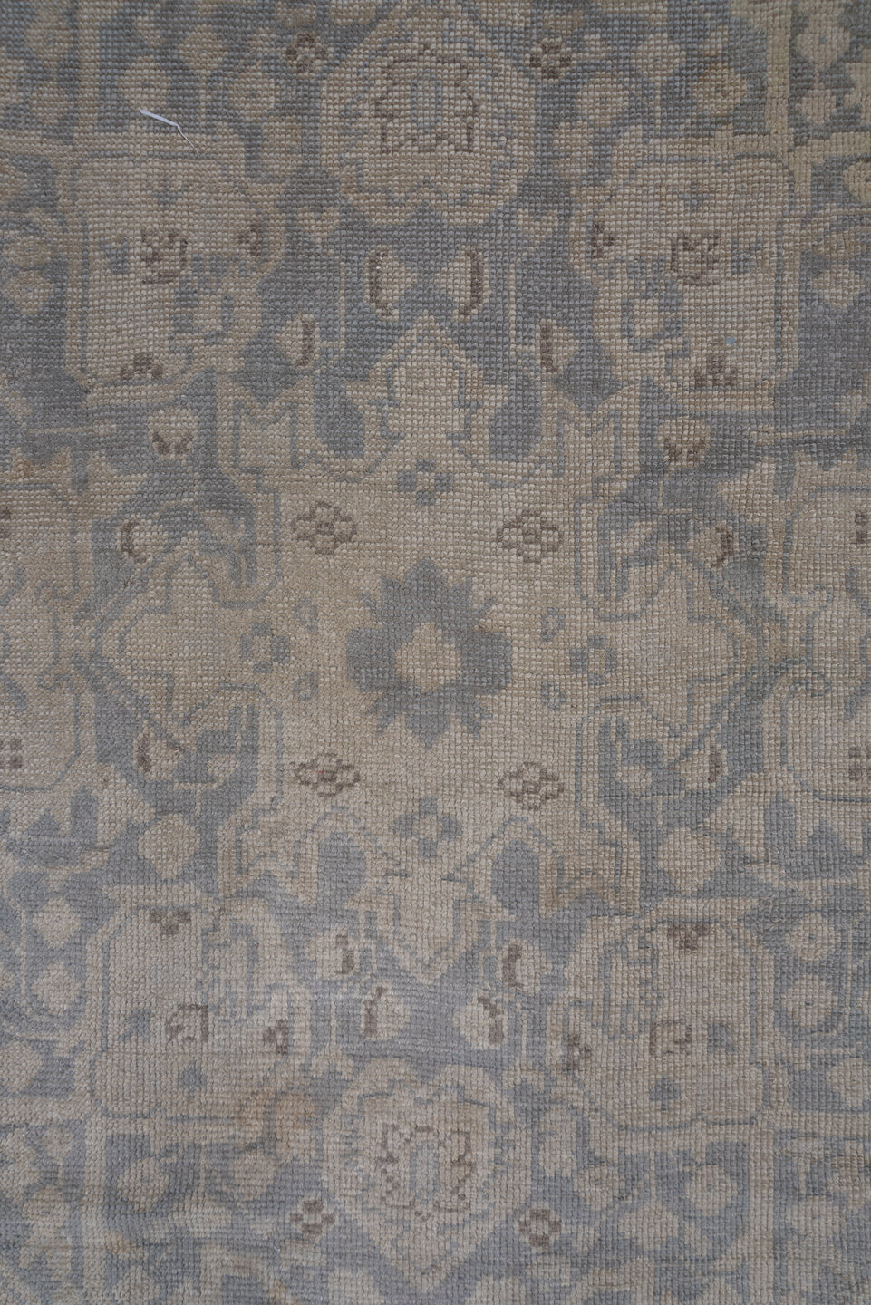 14' x 19' one-of-a-kind handmade antique Oushak oversize rug. Color palette: ivory, beige, taupe, slate, gray, cream