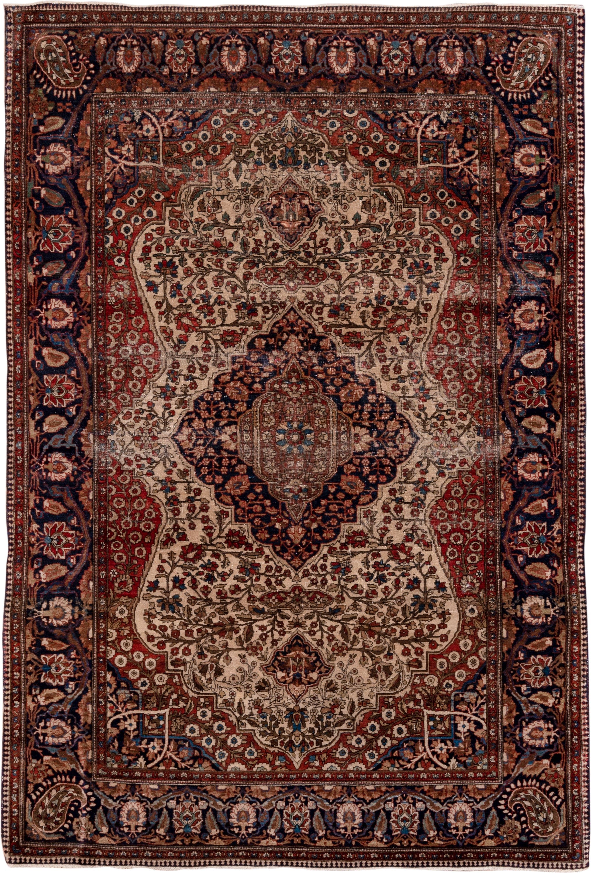 4' x 6' one-of-a-kind handmade antique Mohtasham Kashan small size rug. Color palette: ivory, navy, rust, brown, burgundy