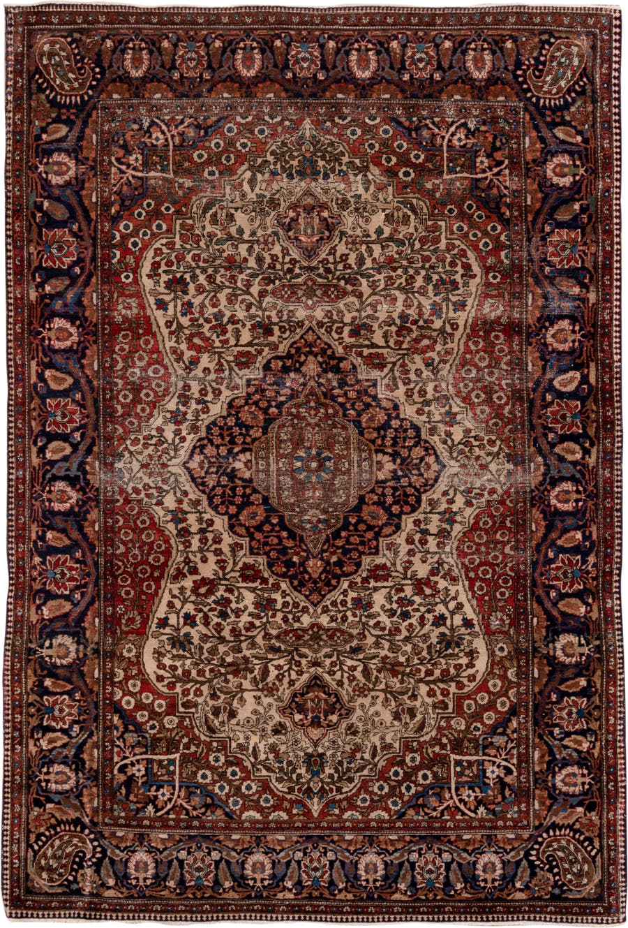 4' x 6' one-of-a-kind handmade antique Mohtasham Kashan small size rug. Color palette: ivory, navy, rust, brown, burgundy