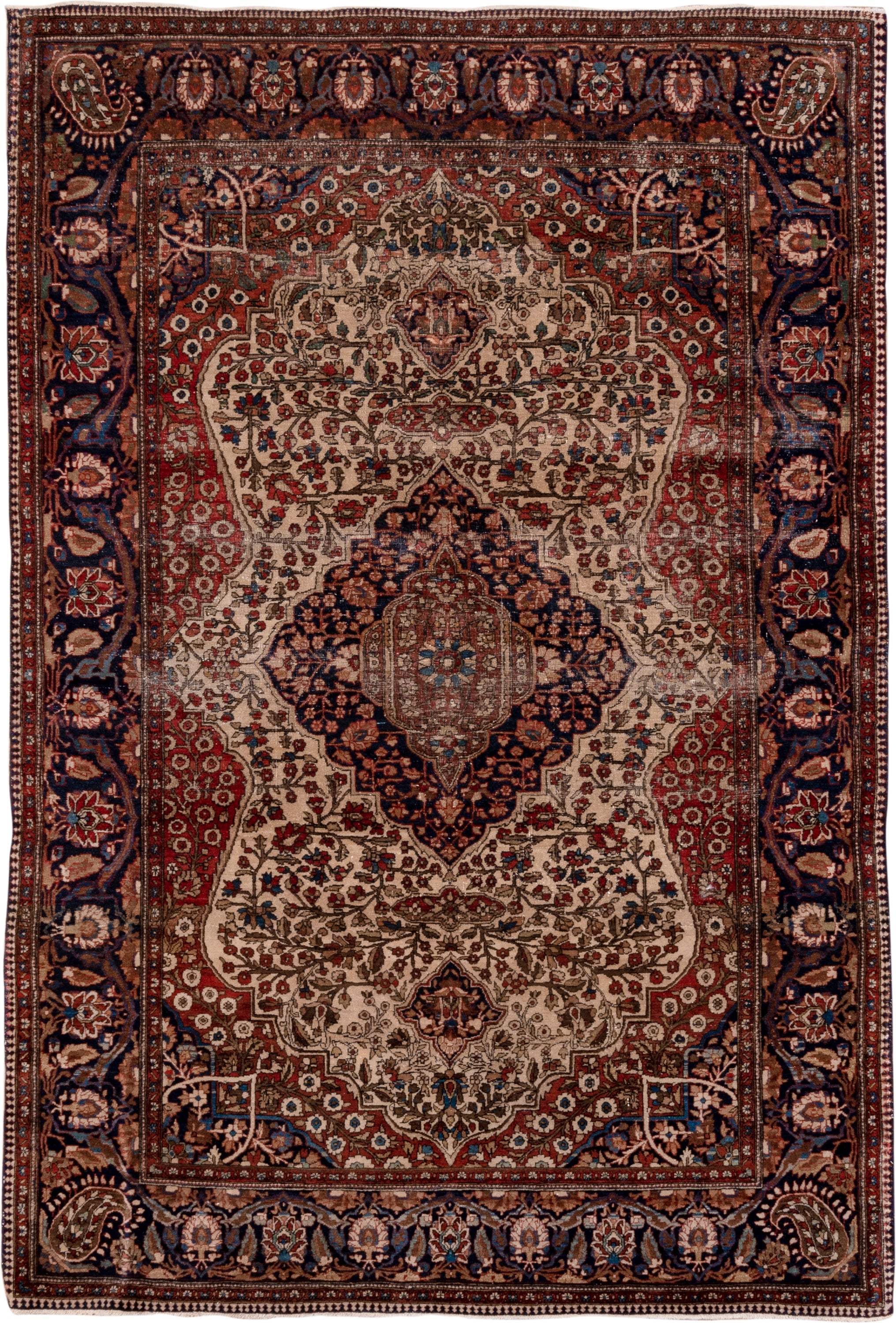 4' x 6' one-of-a-kind handmade antique Mohtasham Kashan small size rug. Color palette: ivory, navy, rust, brown, burgundy