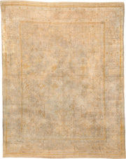 12' x 16' one-of-a-kind handmade antique Oushak oversize rug. Color palette: ivory, sand, gold, beige, taupe, pale sage
