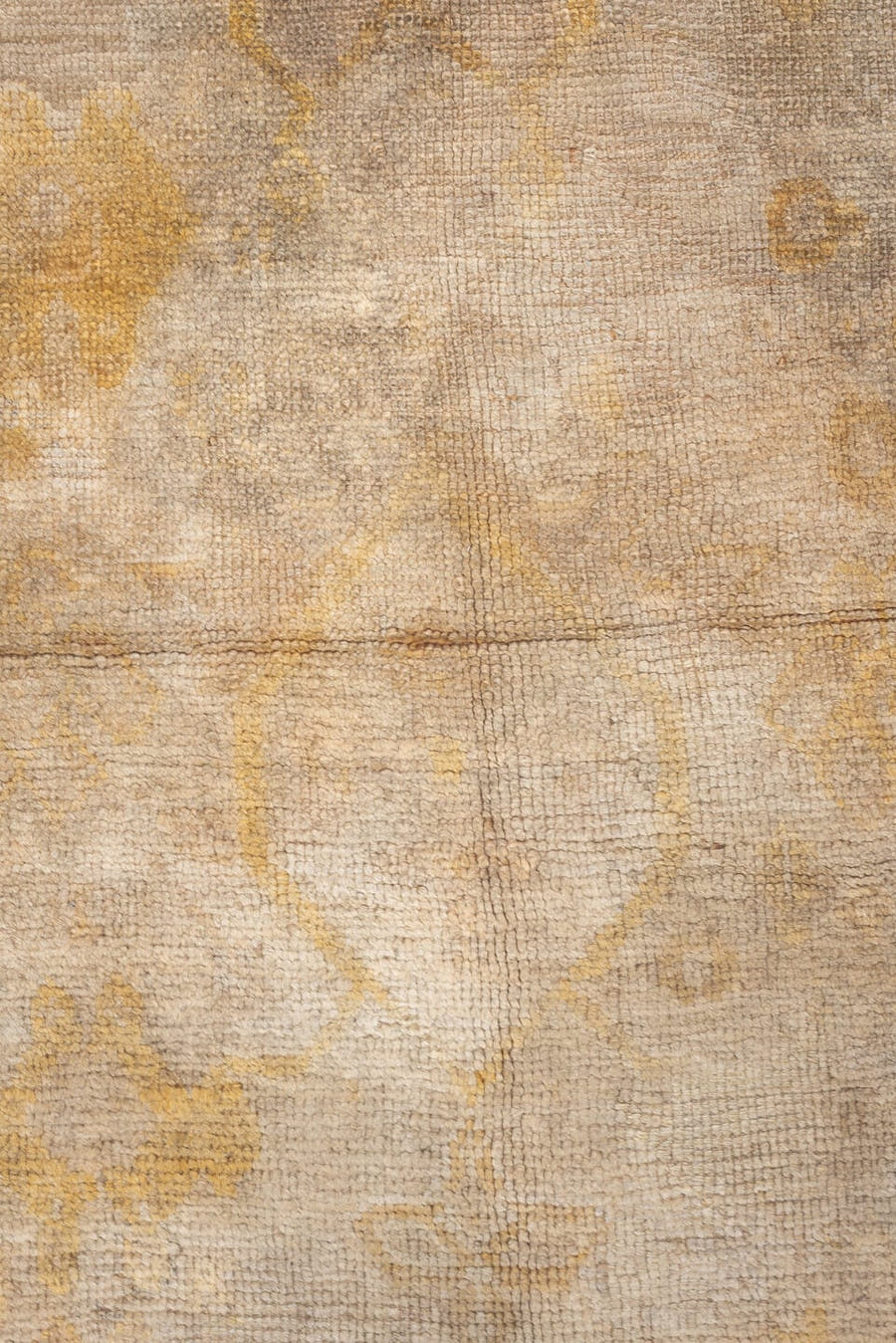 12' x 16' one-of-a-kind handmade antique Oushak oversize rug. Color palette: ivory, sand, gold, beige, taupe, pale sage